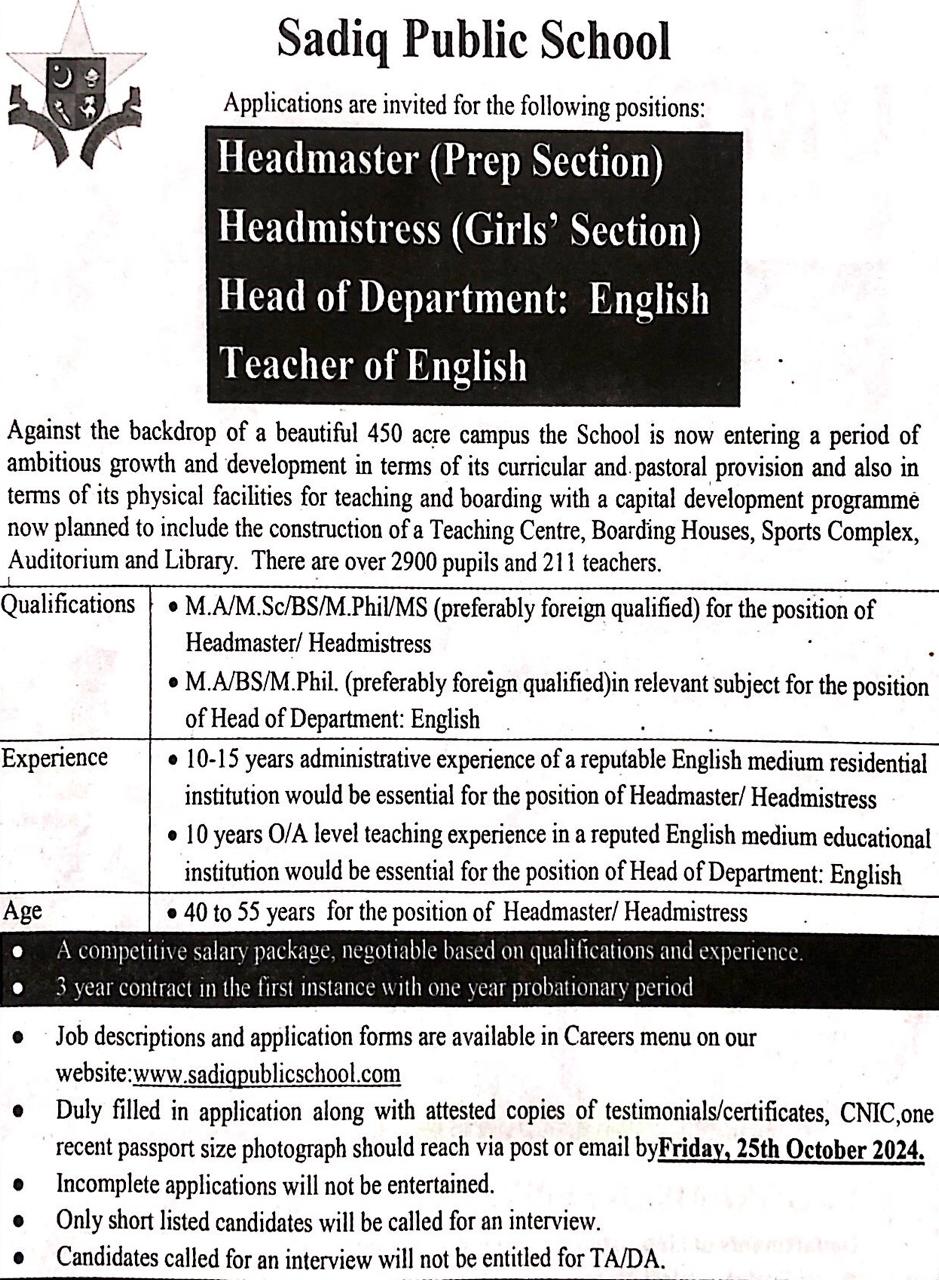 1. Headmaster(Prep Section) 2. Headmistress(Girls' Section) 3. Head of Department 4. Teacher in english 